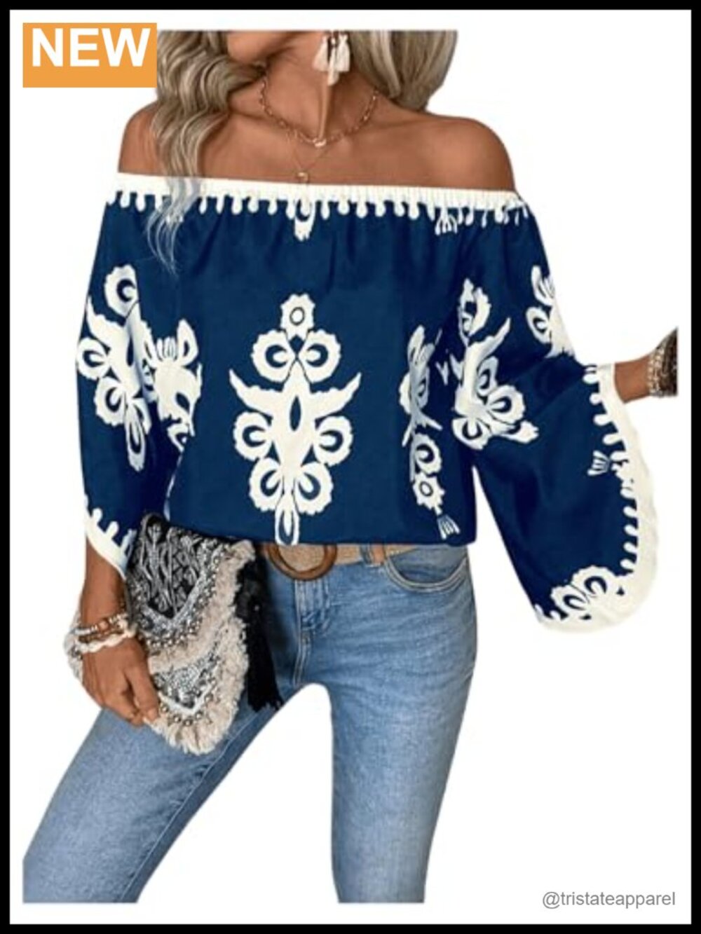 Off Shoulder Peasant Blouse 3/4 Bell Sleeve Tunic Polyester